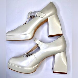 Pearlescent MaryJanes - Patent Leather White Pearl Block Heel Mary Jane Shoes